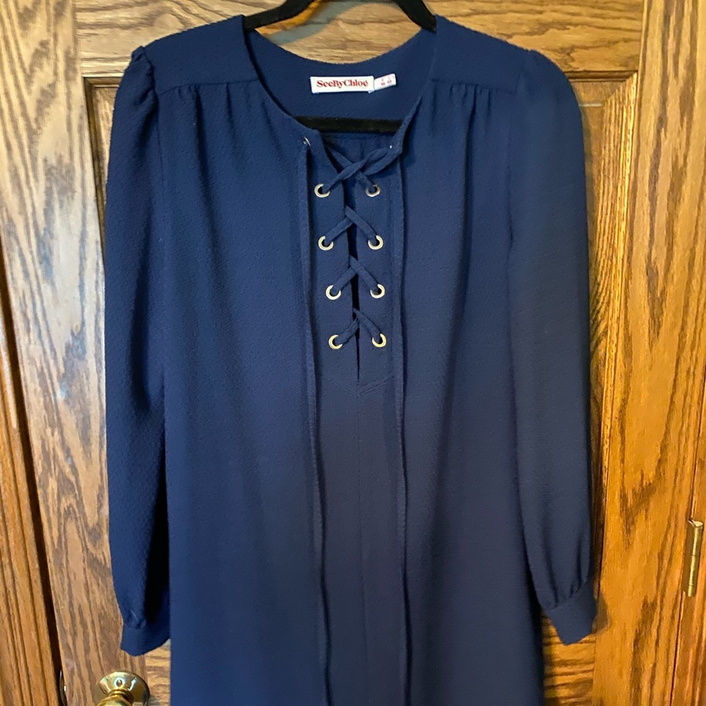 See by Chloe Long-Sleeve Lace-Up Shift Dress Navy - Picture 3 of 3
